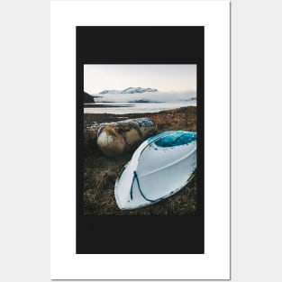 Old Gas Tank and White Boat Lying in Brown Grass on Cold Foggy Winter Day Posters and Art